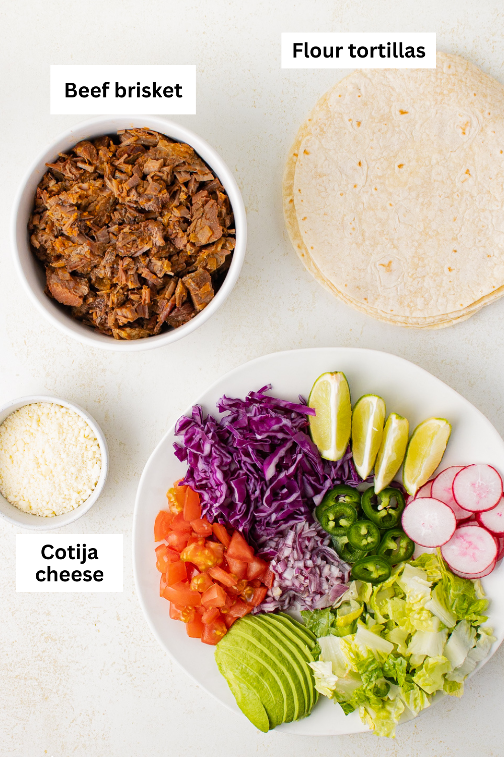 Brisket Tacos with Toppings Ingredients Infographic.