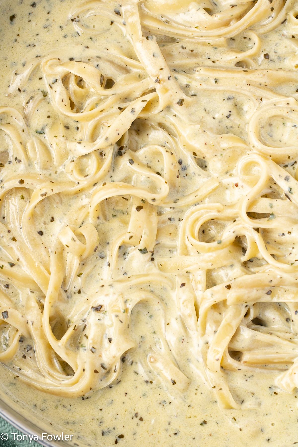 Close up image of alfredo pasta in a skillet.