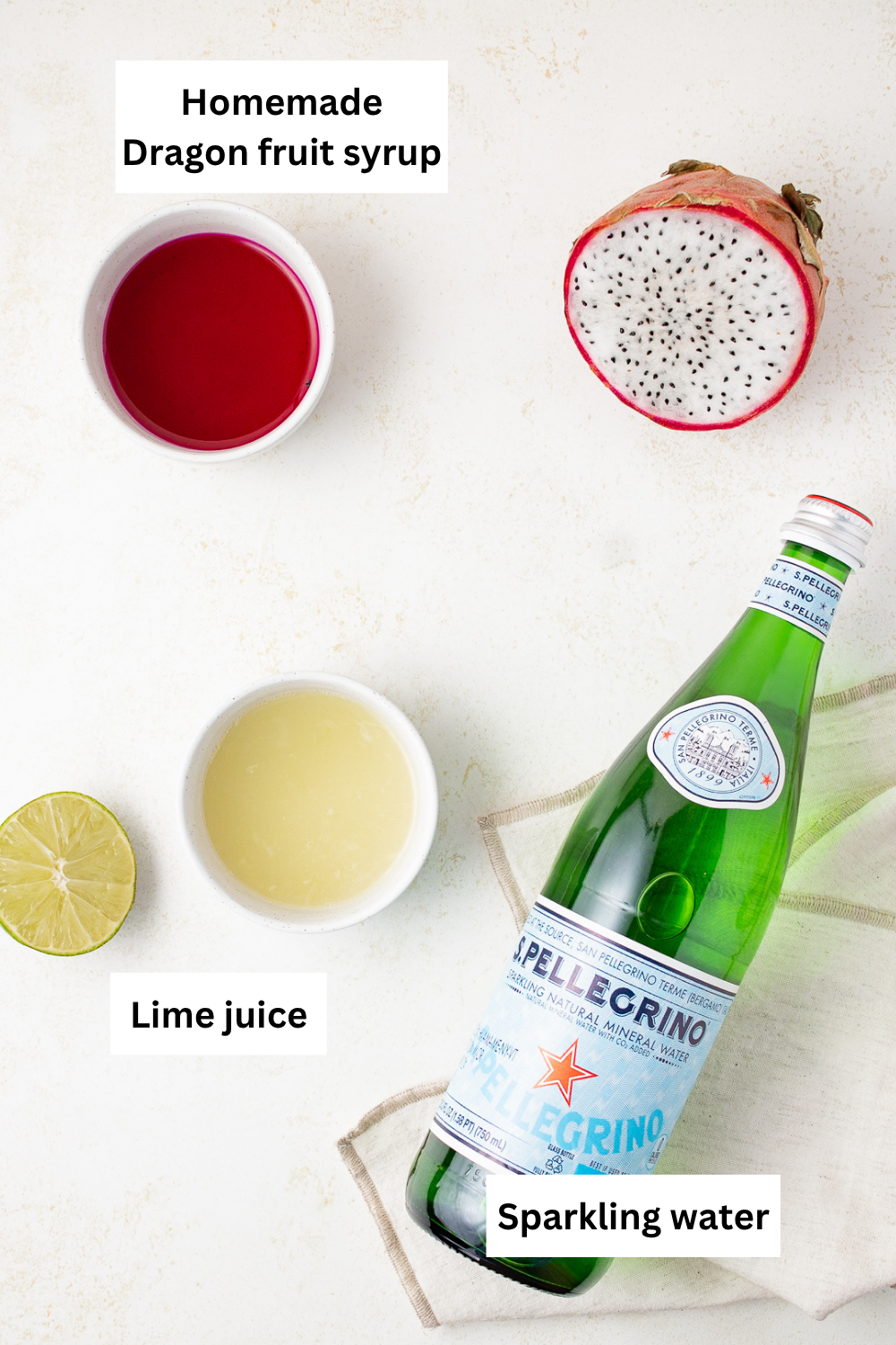 Dragon fruit mocktail ingredients on a table. Recipe infographic.