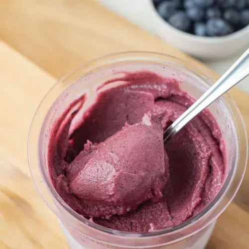 A spoonful of Ninja Creami Blueberry Frozen Yogurt.