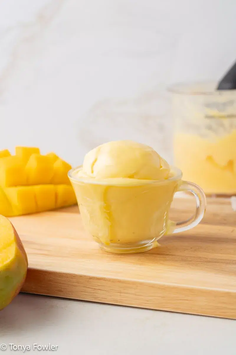 Straight on view of mango frozen yogurt in a cup with fresh mango near by.