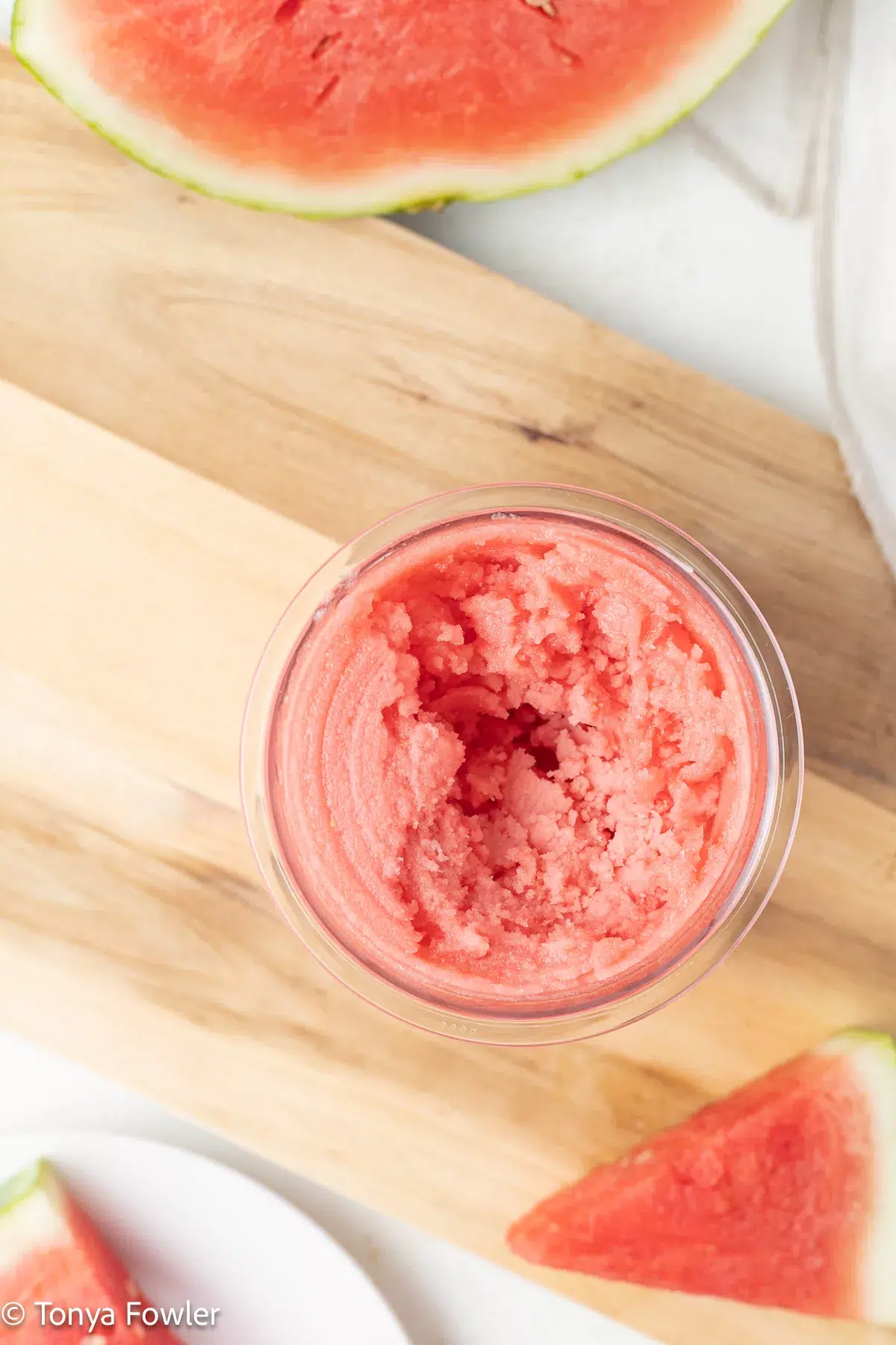 Blended sorbet in a pint container. 