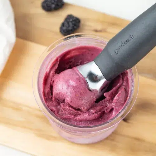 Overhead view of a scoop of ninja creami mixed berry frozen yogurt in a pint container.
