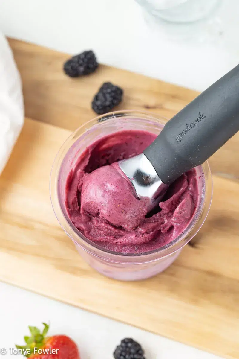 Overhead view of a scoop of ninja creami mixed berry frozen yogurt in a pint container.