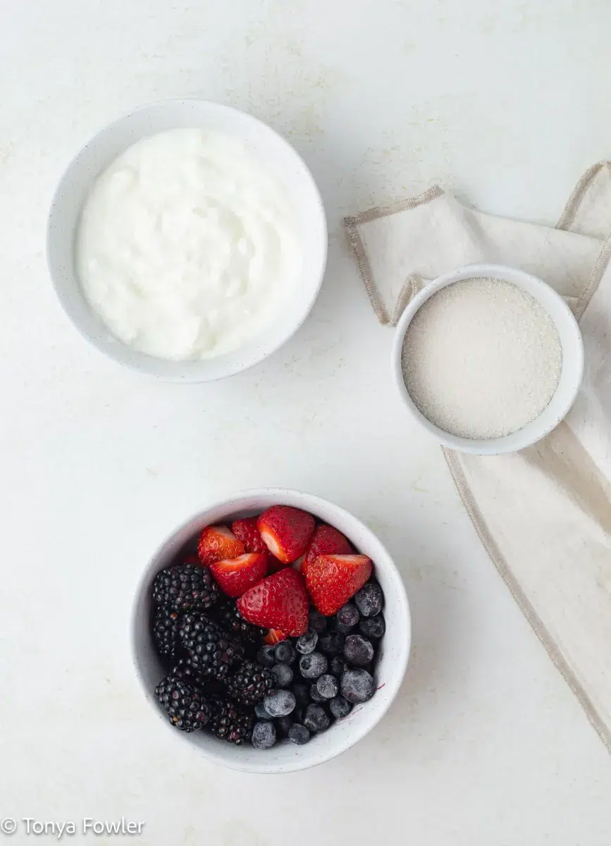 Ingredients for mixed berry frozen yogurt on a counter.