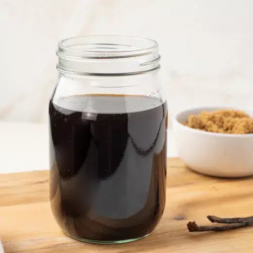Brown sugar vanilla syrup in a mason jar.