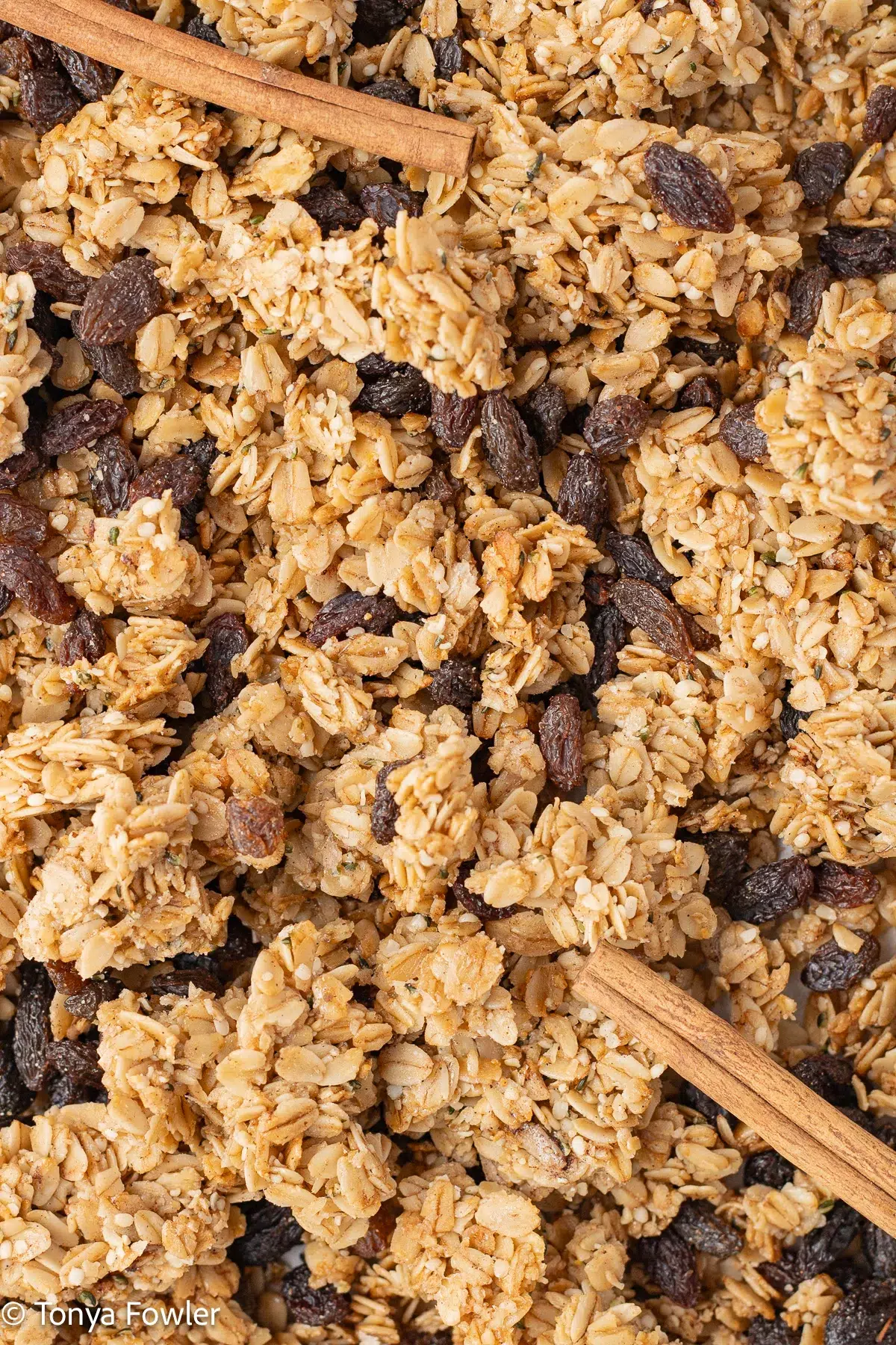 Cinnamon raisin granola on a sheet pan topped with cinnamon sticks.