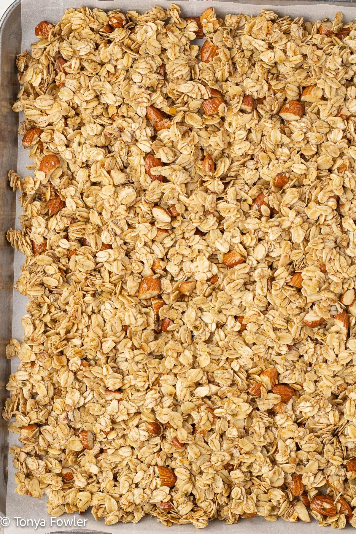 Granola on a sheet pan.