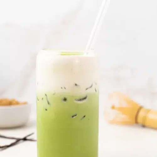 Brown sugar matcha latte topped with vanilla cold foam.
