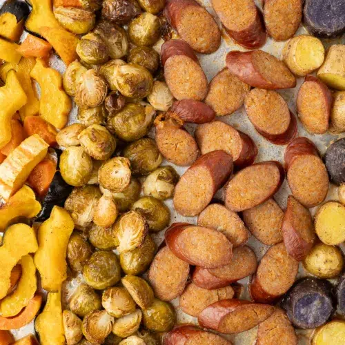 Sheet pan turkey sausage meal.