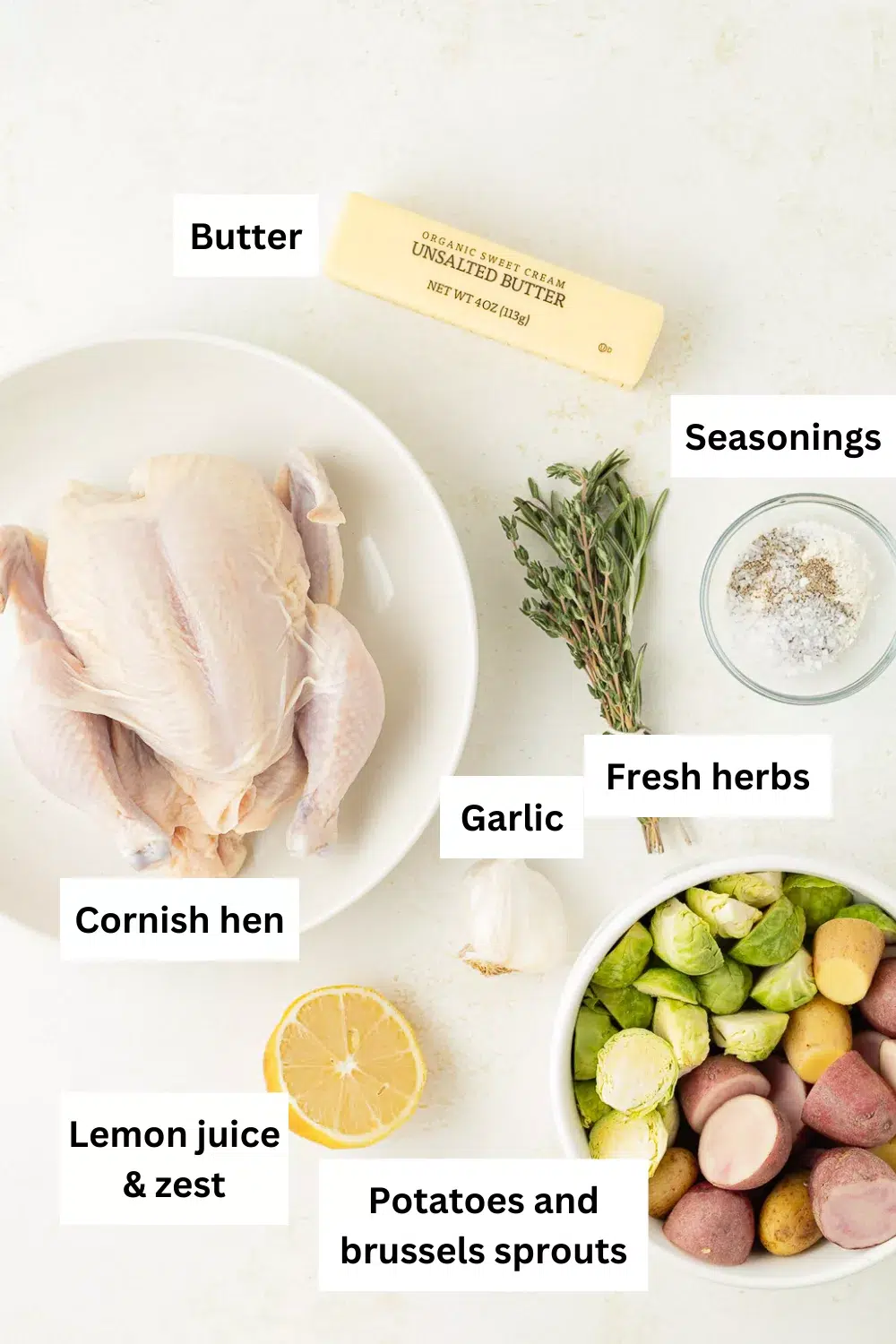 Herb butter cornish hen ingredient infographic.