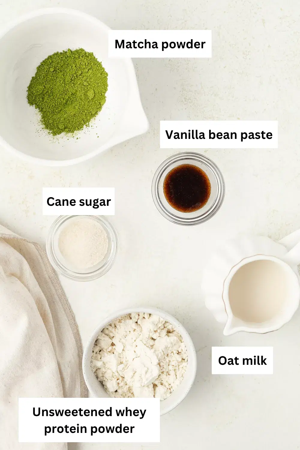 Protein matcha latte ingredients infographic.