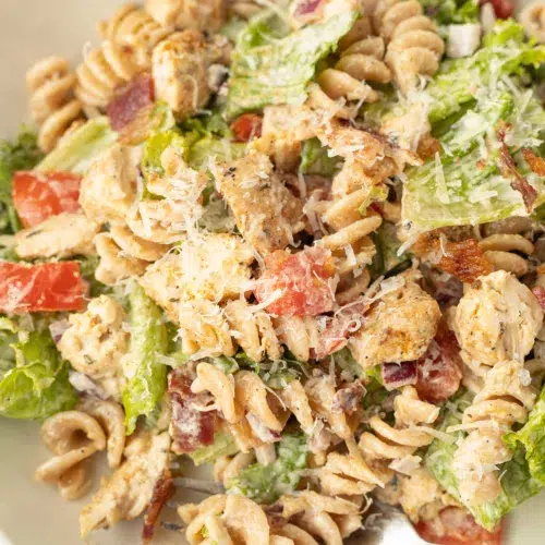 Close up image of chicken bacon caesar pasta salad on a plate with a fork.