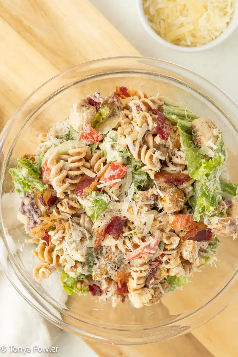 Overhead image of pasta salad in a bowl.
