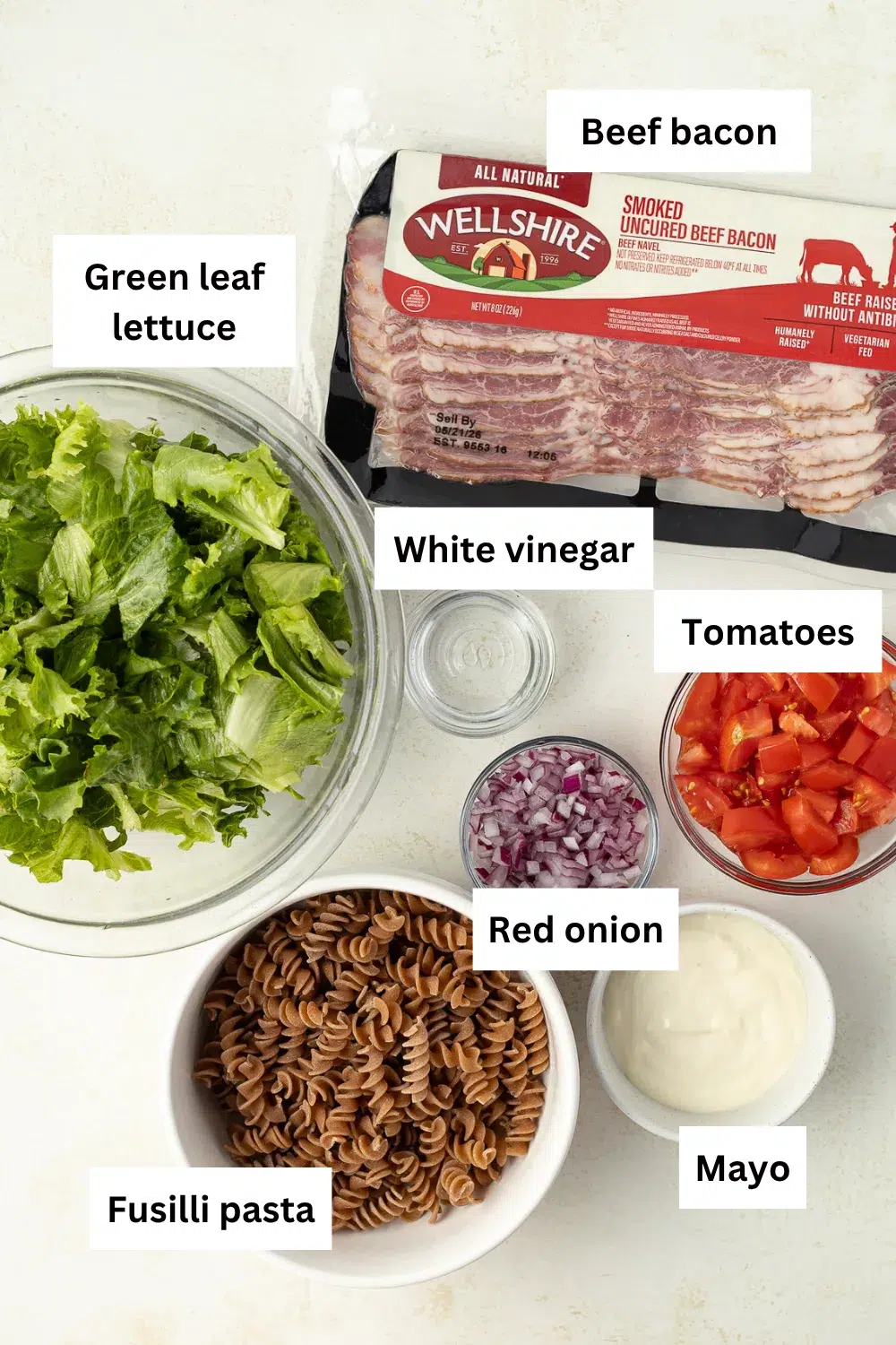 BLT pasta salad ingredient infographic.