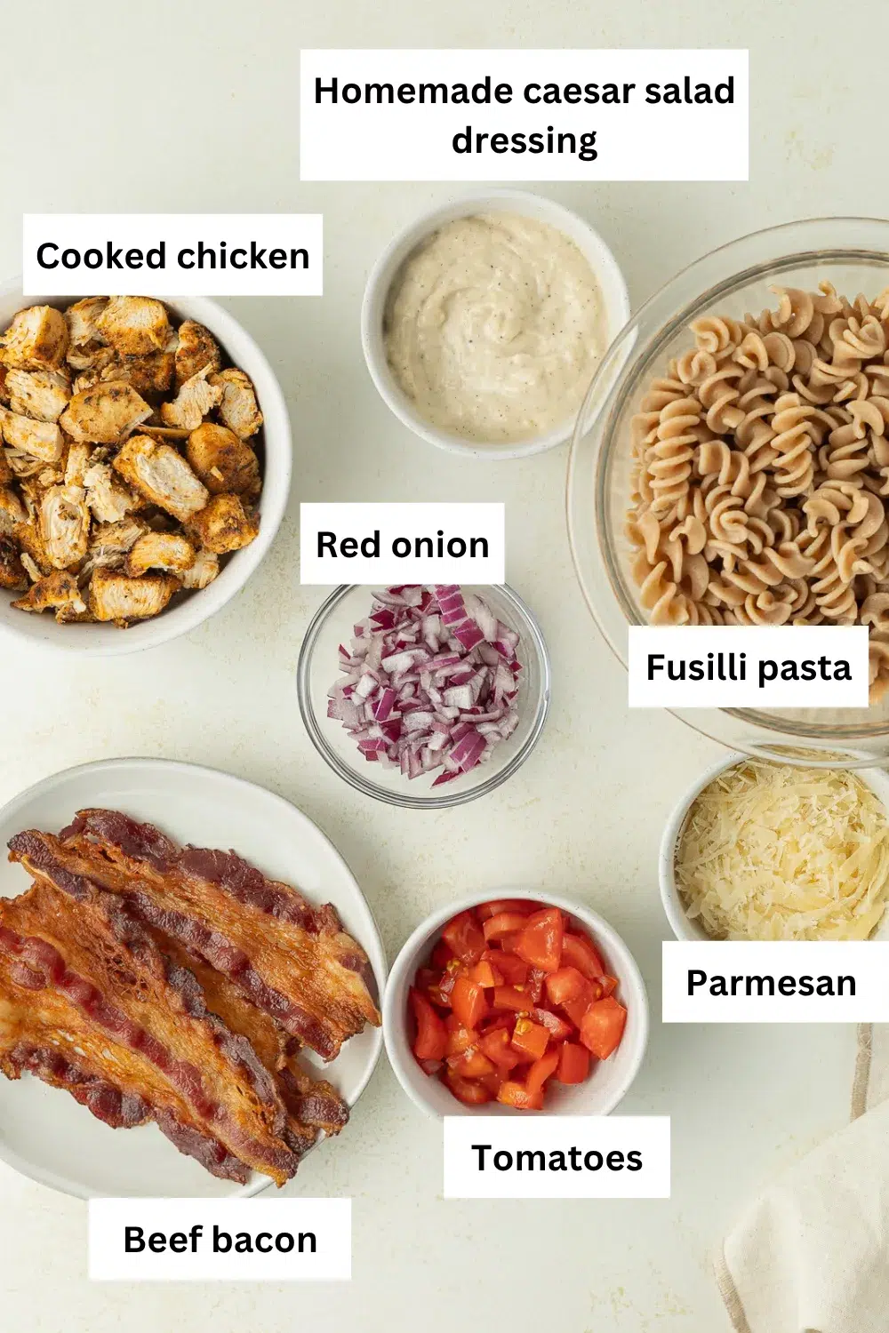 Chicken Bacon Caesar Pasta Salad Ingredients Infographic.