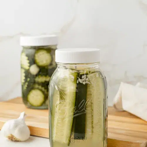 Refrigerator pickles in jars.