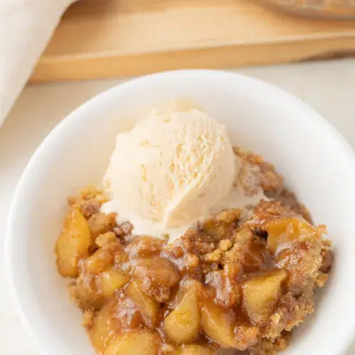 3/4 image of an apple crumble with freshly milled flour.