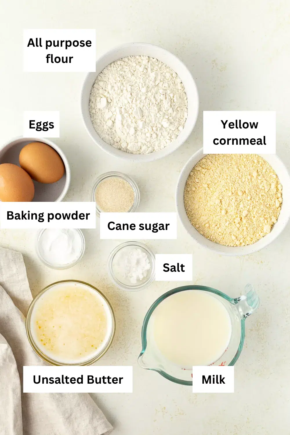 Ingredients for cornbread muffins on a counter. Cornbread muffins ingredient infographic.